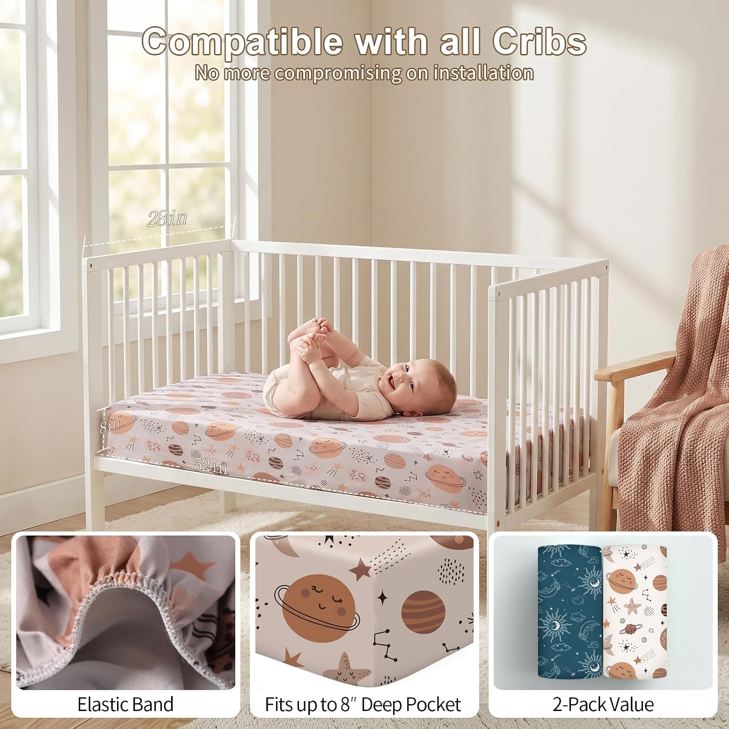 Baby Crib Sheets 2 Pack for Boys and Girls Fit for Standard Crib Toddler Mattress Breathable Soft Microfiber Baby Sheet 28x52x8in (Sleeping Moon & Mars)