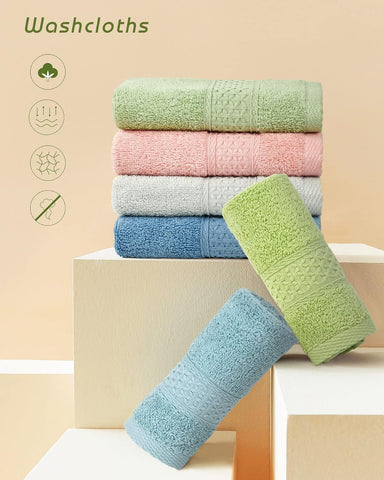Cleanbear Pure Cotton Wash Cloths Face Cloths, 6 Colors, 13 x 13 Inches