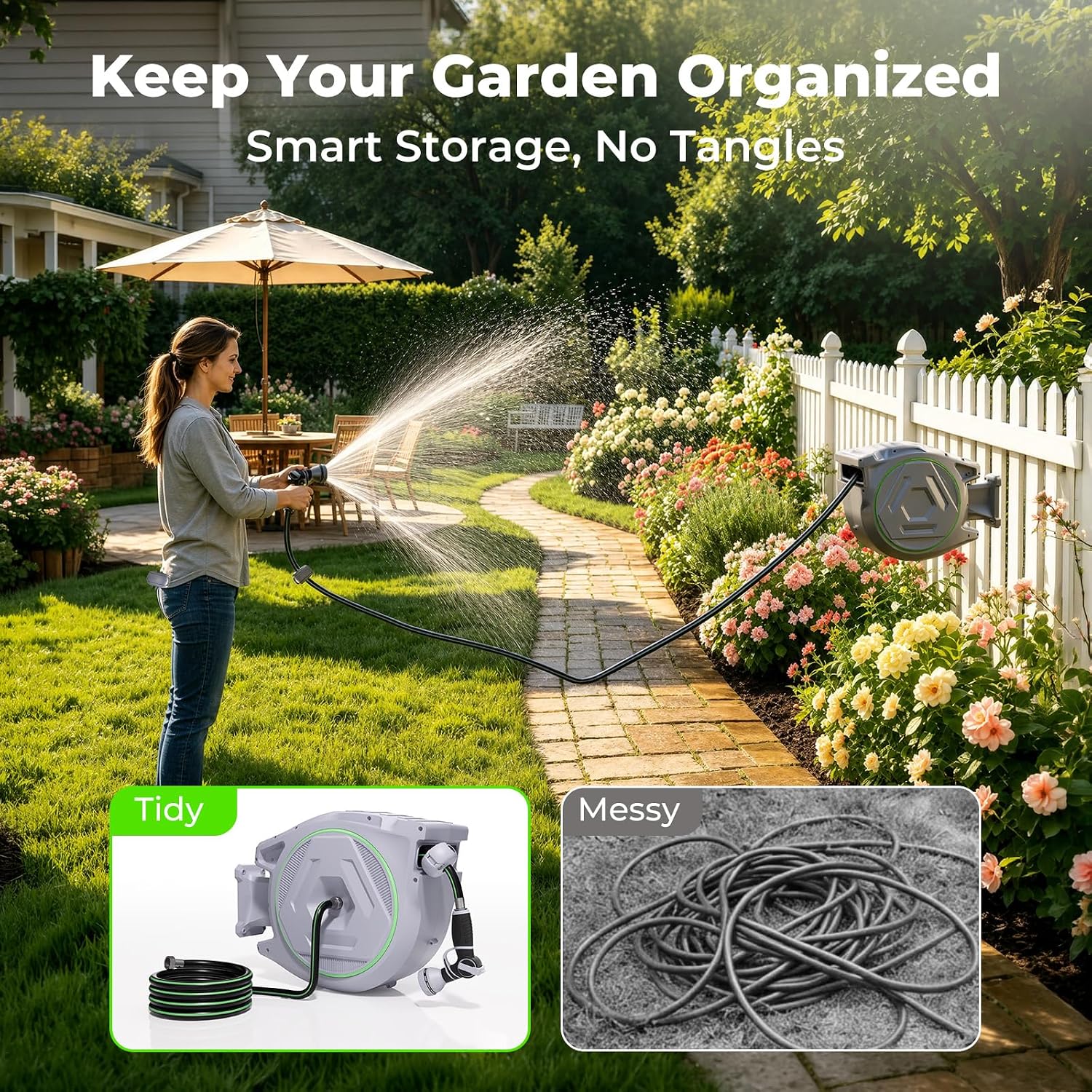 Etoolab Retractable Garden Hose Reel 100+6.6ft x 5/8 in with 9 Spray Nozzle