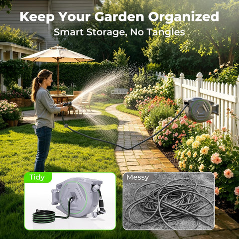 Etoolab Retractable Garden Hose Reel 100+6.6ft x 5/8 in with 9 Spray Nozzle