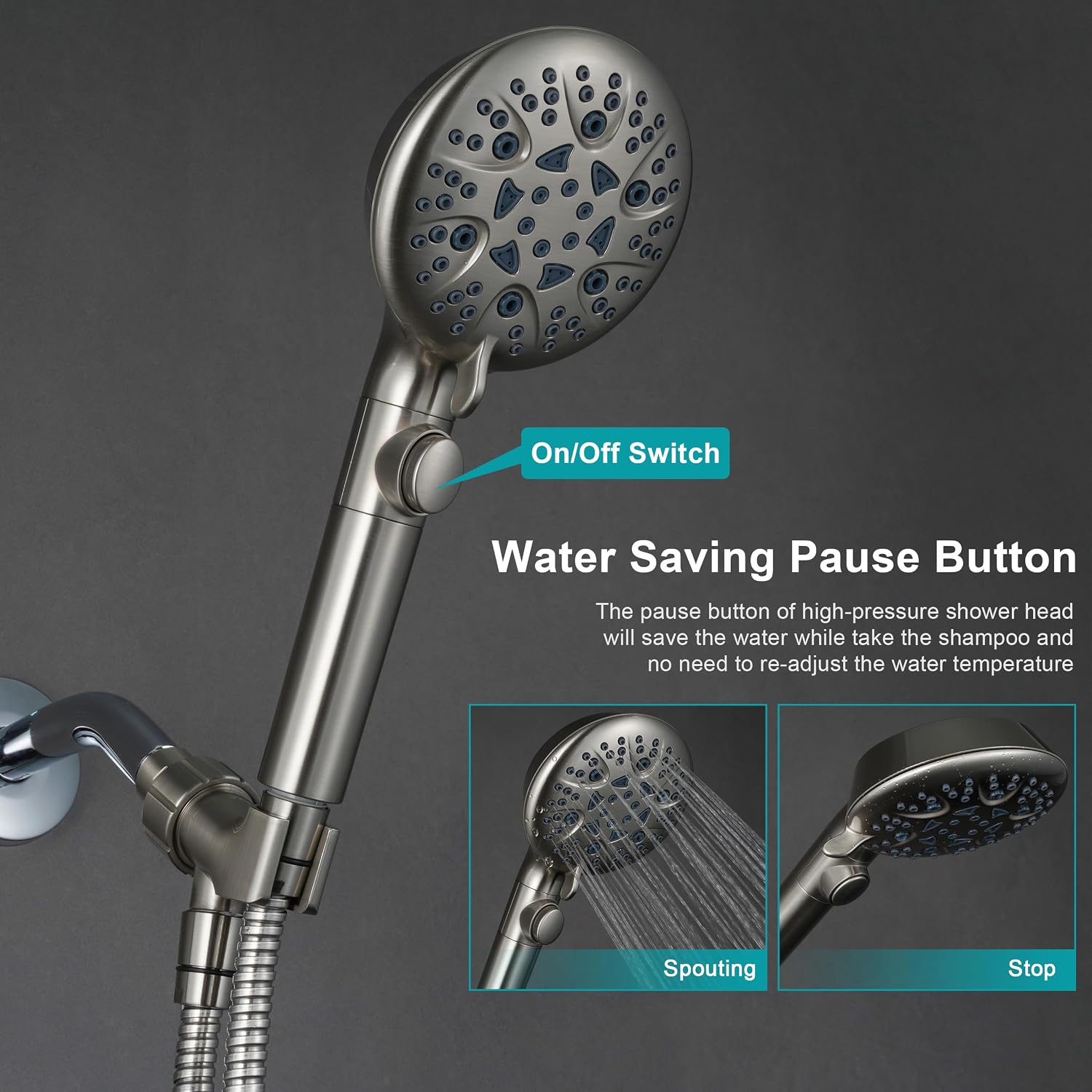 GwernKB Brushed Nickel Shower Heads Handheld with On Off Switch,8-Mode High Pressure Shower Wand with 79In Stainless Steel Hose&Bracket PLUS Low-Reach Adhesive Wall Mount Holder for Kids&Elderly