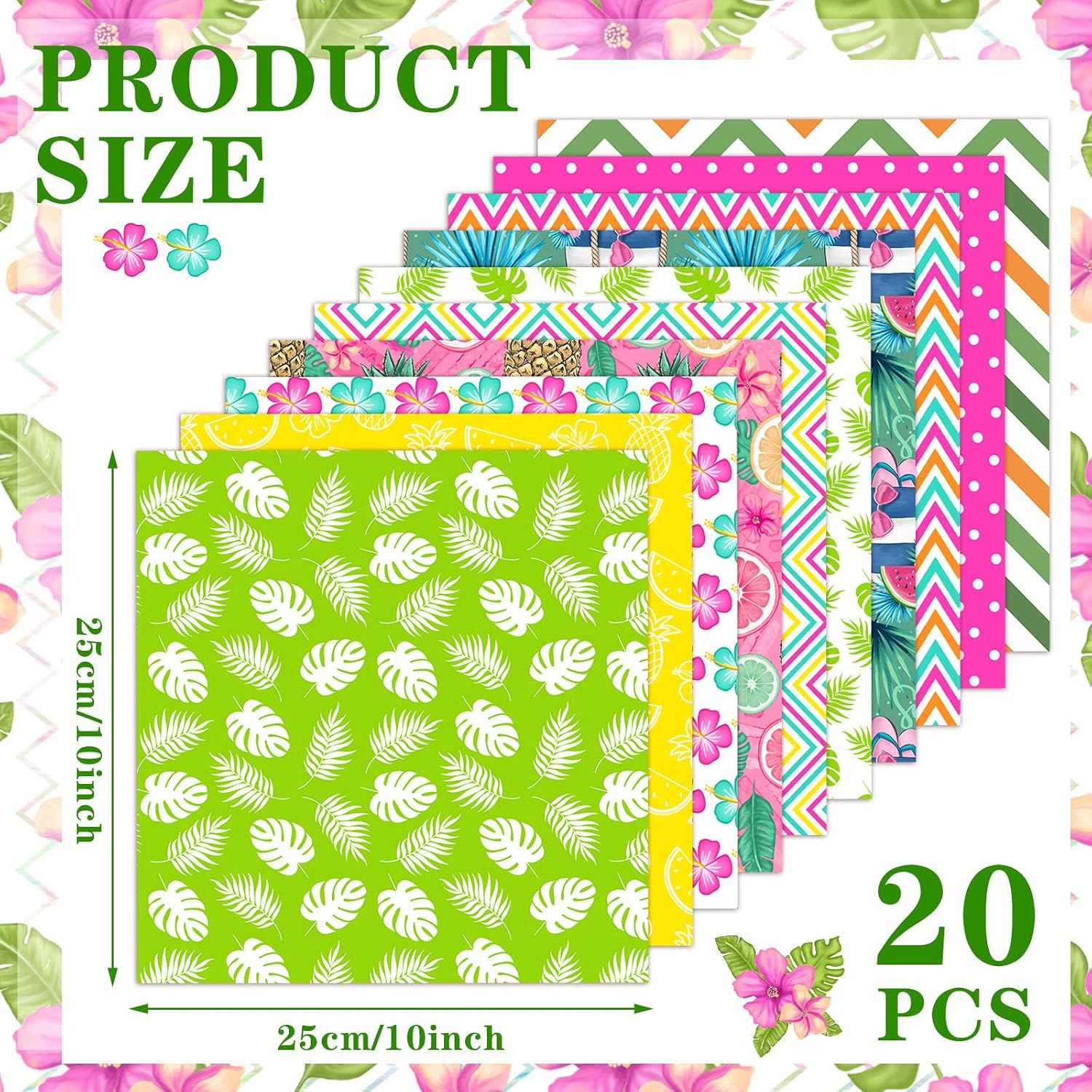 HunnmingRe 20 Pcs 10''x10'' Summer Tropical Quilting Fabric Square Pineapple Watermelon Precut Fabric Bundle Colorful Polka Dot Check Printed Patchwork for Holiday DIY Craft Sewing Material Supplies