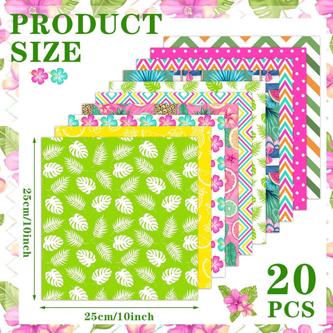 HunnmingRe 20 Pcs 10''x10'' Summer Tropical Quilting Fabric Square Pineapple Watermelon Precut Fabric Bundle Colorful Polka Dot Check Printed Patchwork for Holiday DIY Craft Sewing Material Supplies