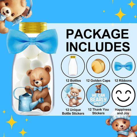 Ethisa Small 12 Pack We Can Bearly Wait Party Favors for Boy - Candy Jars with Bowties and Stickers - DIY Party Decoration Bottles for Baby Shower and Gender Reveal - Blue Teddy Bear Table Centerpiece