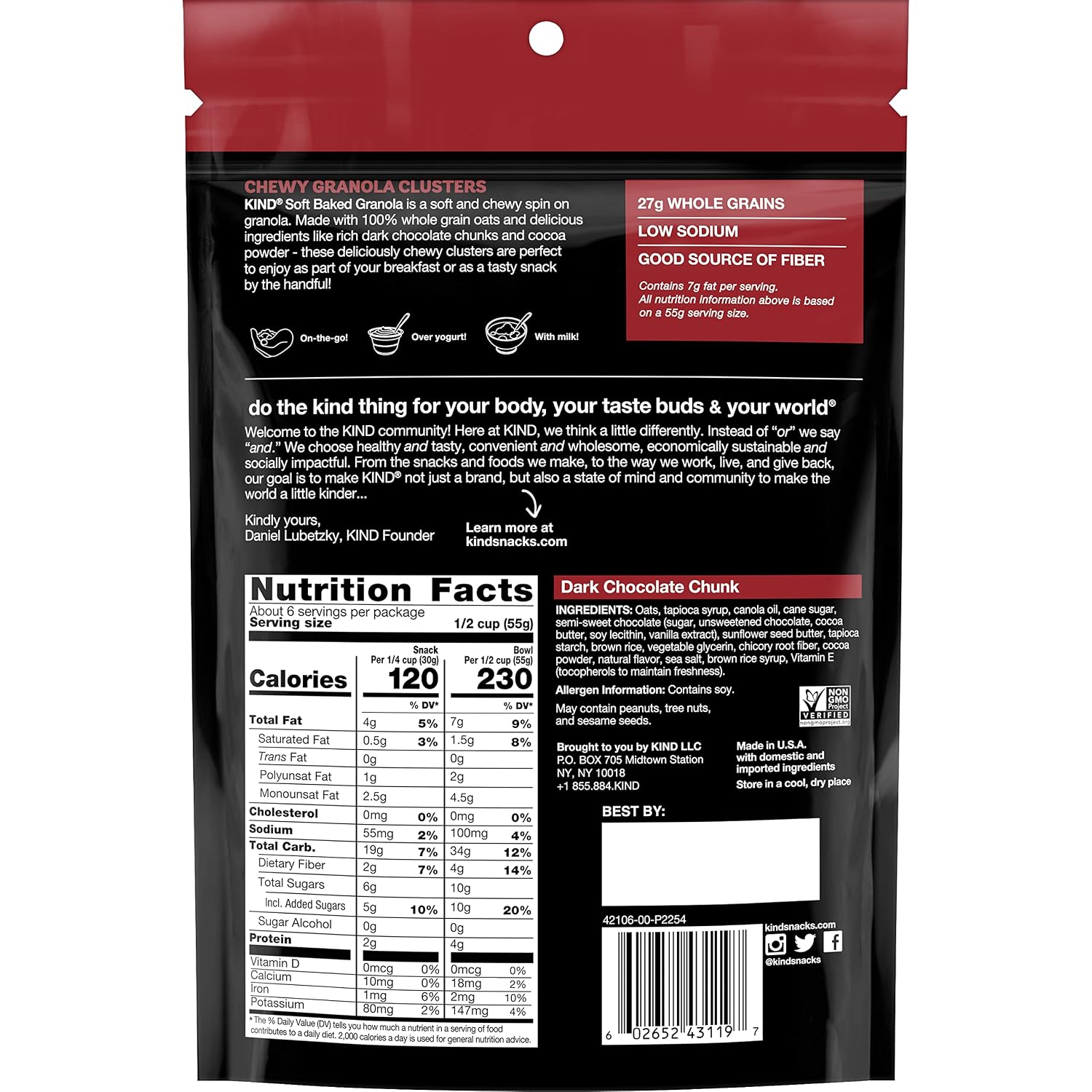 Kind Soft Baked Granola, Dark Chocolate Chunk, Gluten Free, Healthy Snack Mix, 4g Protein, 11oz, 5 Count