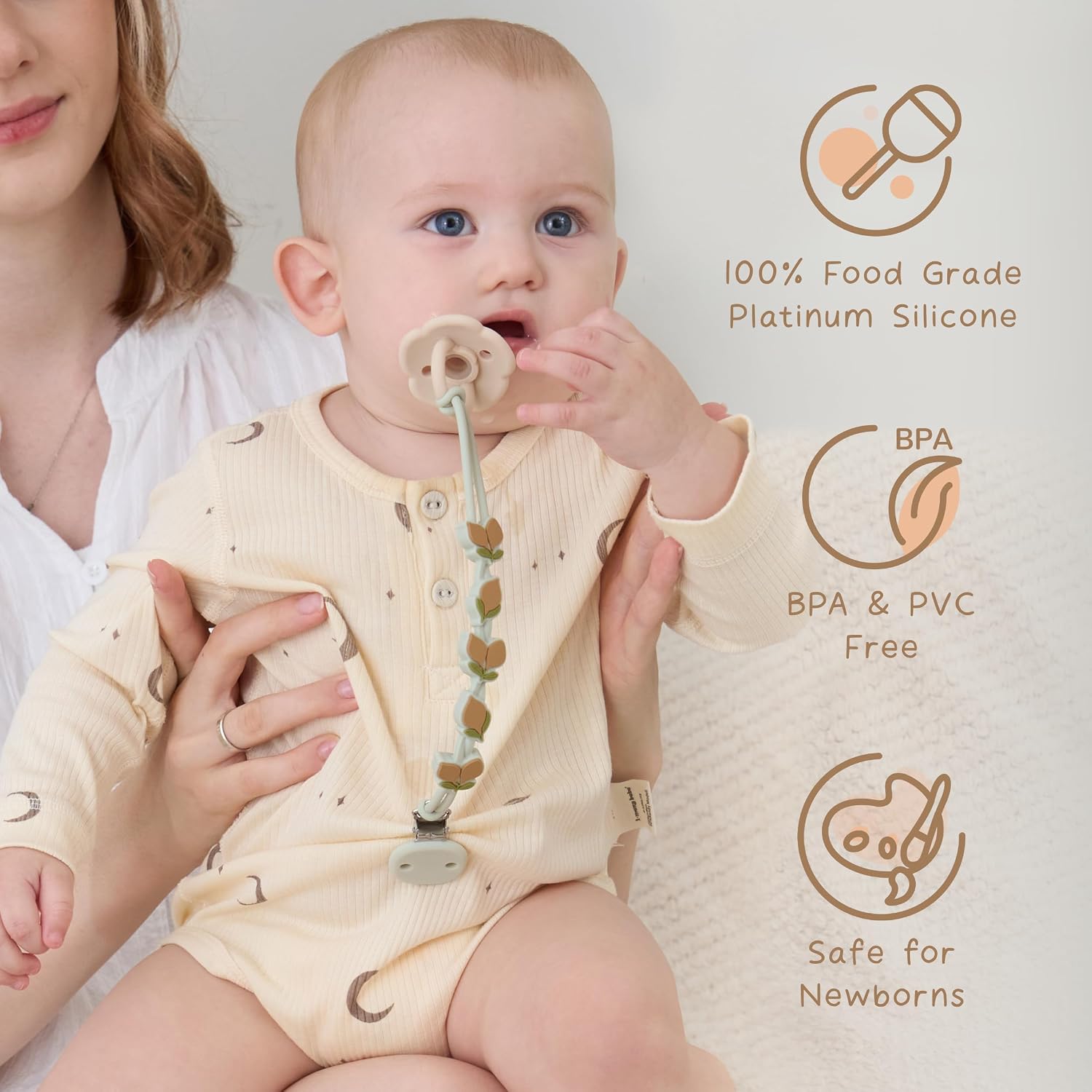 Moonkie Silicone Pacifier Clips for Baby – Durable One-Piece Binky Holder, Mixed Styles Paci Clips, Baby Essentials for Newborn Boys & Girls - 4 Pack (Sea Whispers)