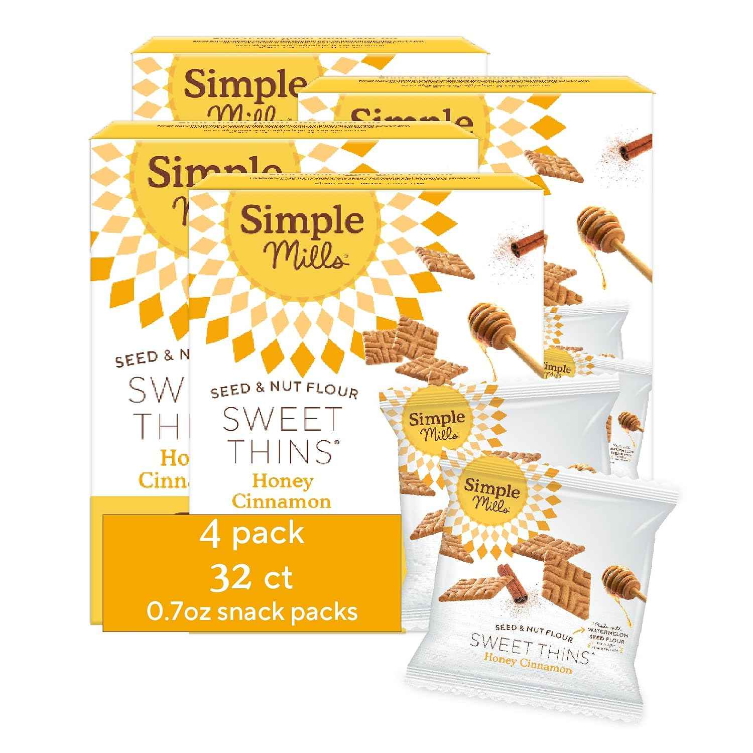Simple Mills Snack Packs Honey Cinnamon Sweet Thins, Healthy Snacks for Kids, Individual Packs, Seed & Nut Flour, 8 Ct (Pack of 4)