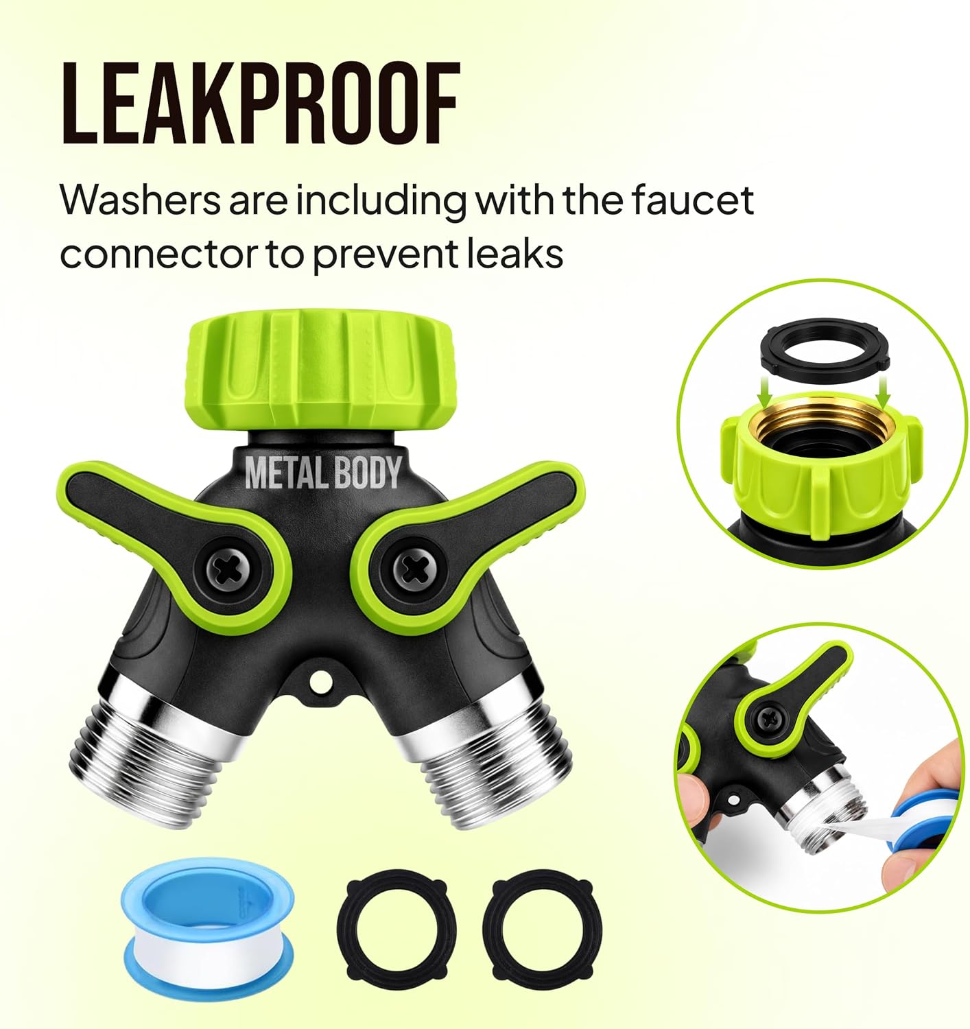 2 Way Hose Splitter Heavy Duty - Metal Y Garden Hose Splitter with Shutoff Valves, Brass Outdoor Faucet Adapter for Spigot, 3/4 Inch GHT Water Hose Connector - Green