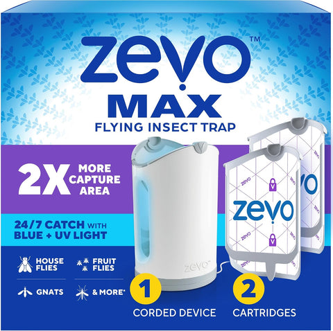 Zevo MAX Bug Catcher, Gnat & Fruit Fly Trap Indoors, 1 Base & 2 Refills