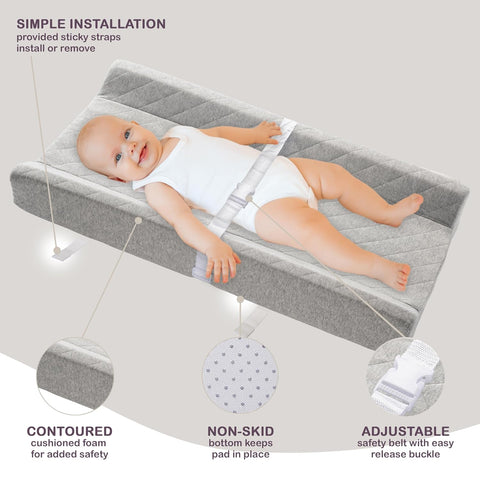 Organic Cotton Covered Contoured Baby Changing Pad | Waterproof Foam Mattress, Soft, Removable & Washable Cover, Safety Strap, Non-Slip Bottom, Topper for Standard Size Infant Diaper Table & Dresser