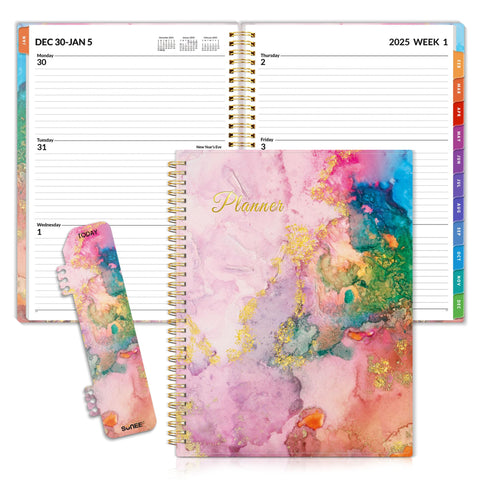 SUNEE 2025 Weekly and Monthly Planner - from January 2025 - December 2025, 8.5"x11" Daily Agenda Planner with Monthly Tab, Flexible Cover, Note Pages, Pockets, Bookmark, Spiral Binding, Marble