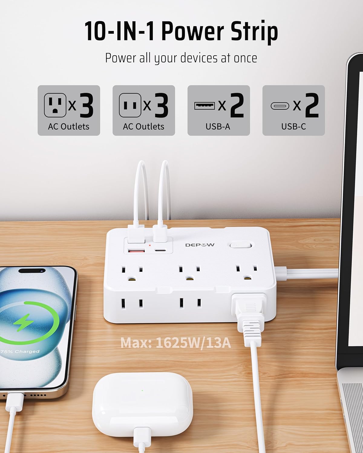 DEPOW 3 FT Power Strip Surge Protector with 6 Outlets 4 USB Ports (2 USB C)