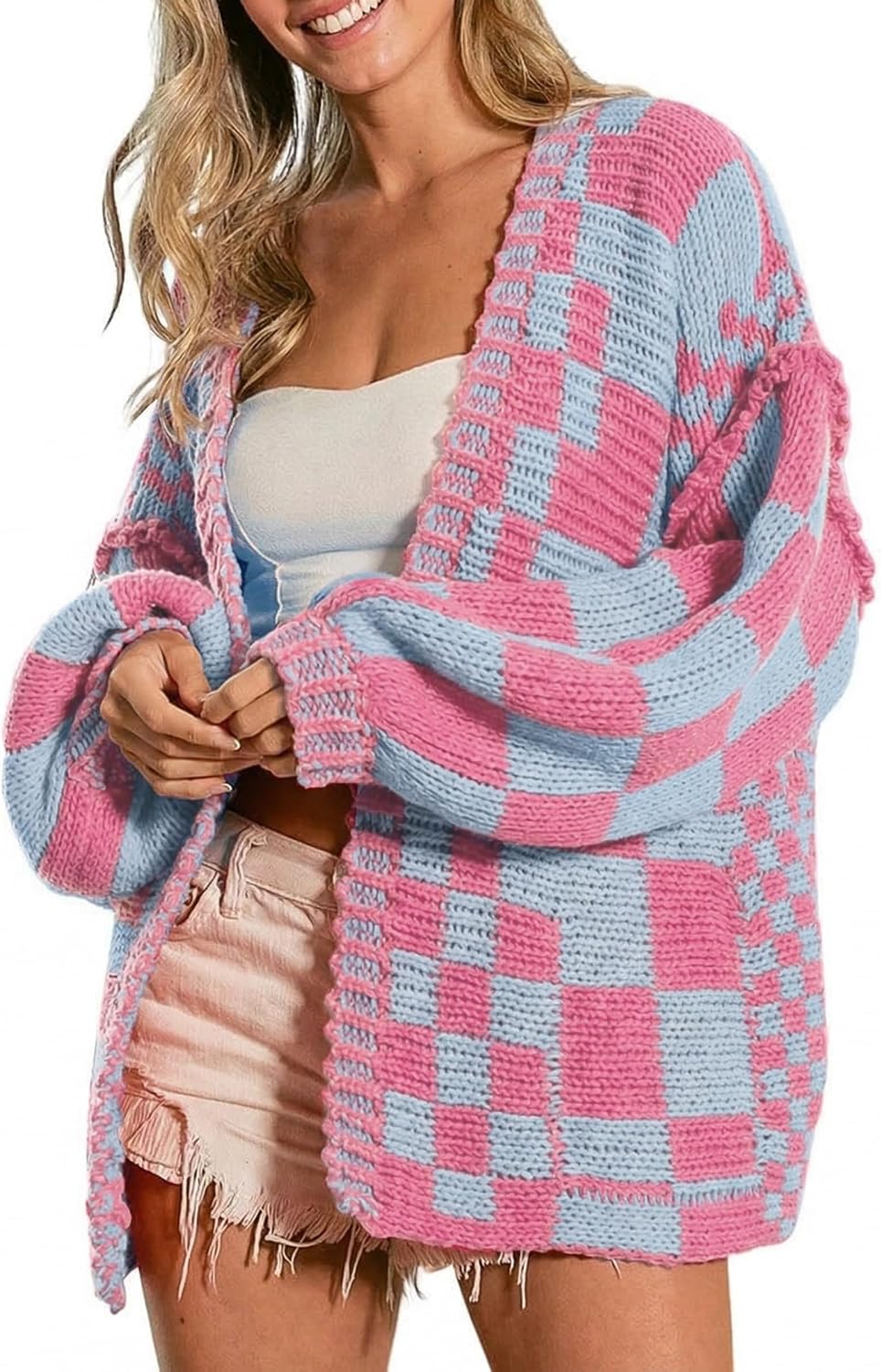 SELINK Women's Chunky Cardigan Sweater Colorful Checkered