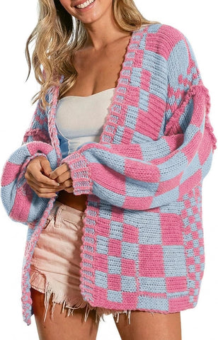 SELINK Women's Chunky Cardigan Sweater Colorful Checkered