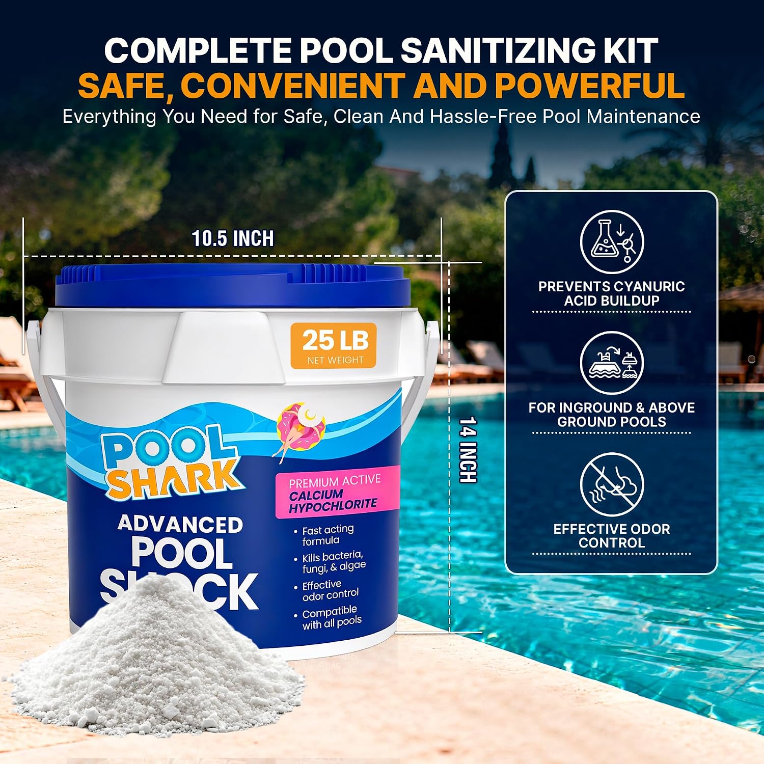 POOL SHARK 68% Calcium Hypochlorite Pool Shock | 25 lb Bucket Chlorine Granules | Pool Shock Treatment for Swimming Pools | Inground & Above Ground Pool Cleaning, Fast-Acting Chlorine Shock