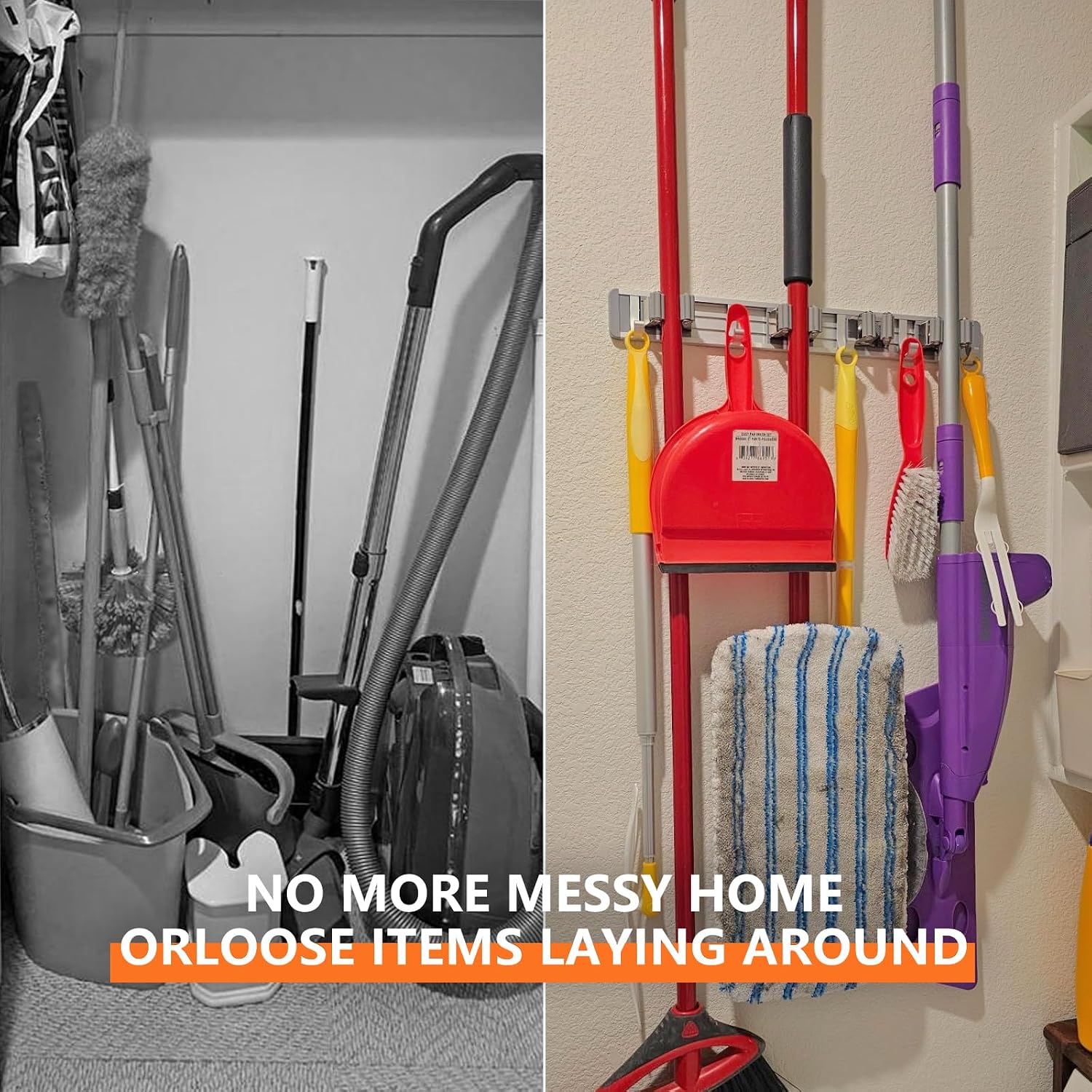 reliahom Broom Holder Wall Mount Mop Hanger Tools organizer 4Racks 5Hooks