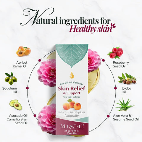 Miracell Skin Relief & Support Oil | Natural Moisturizer for Dry, Sensitive, or Irritated Skin | Soothes Cuts, Scrapes, Bug Bites, Sunburn, Chafing, Rough Hands, Cracked Cuticles & Windburn | 2 oz