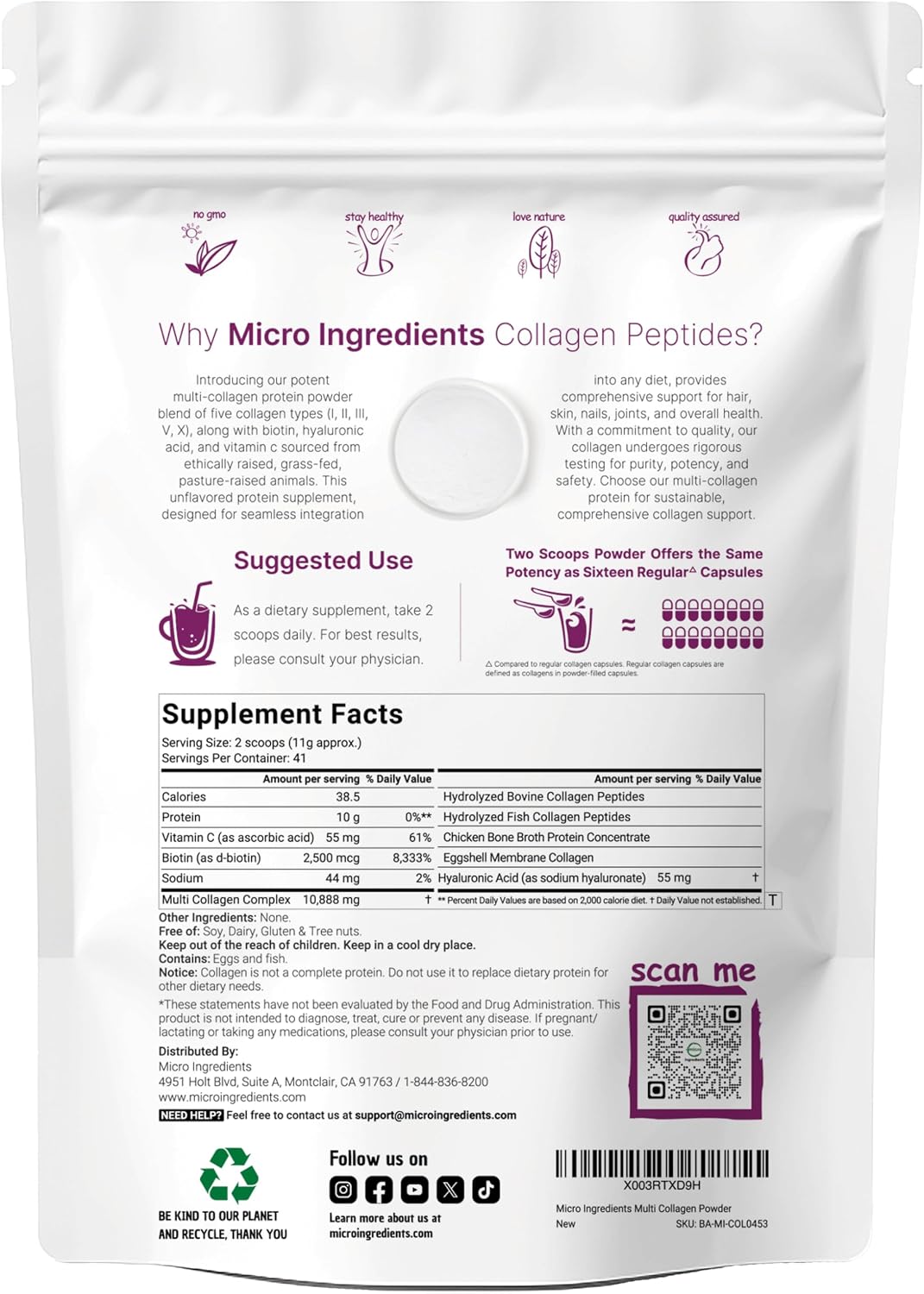 Micro Ingredients Multi Collagen Peptides Powder, 1lb (41 Servings)