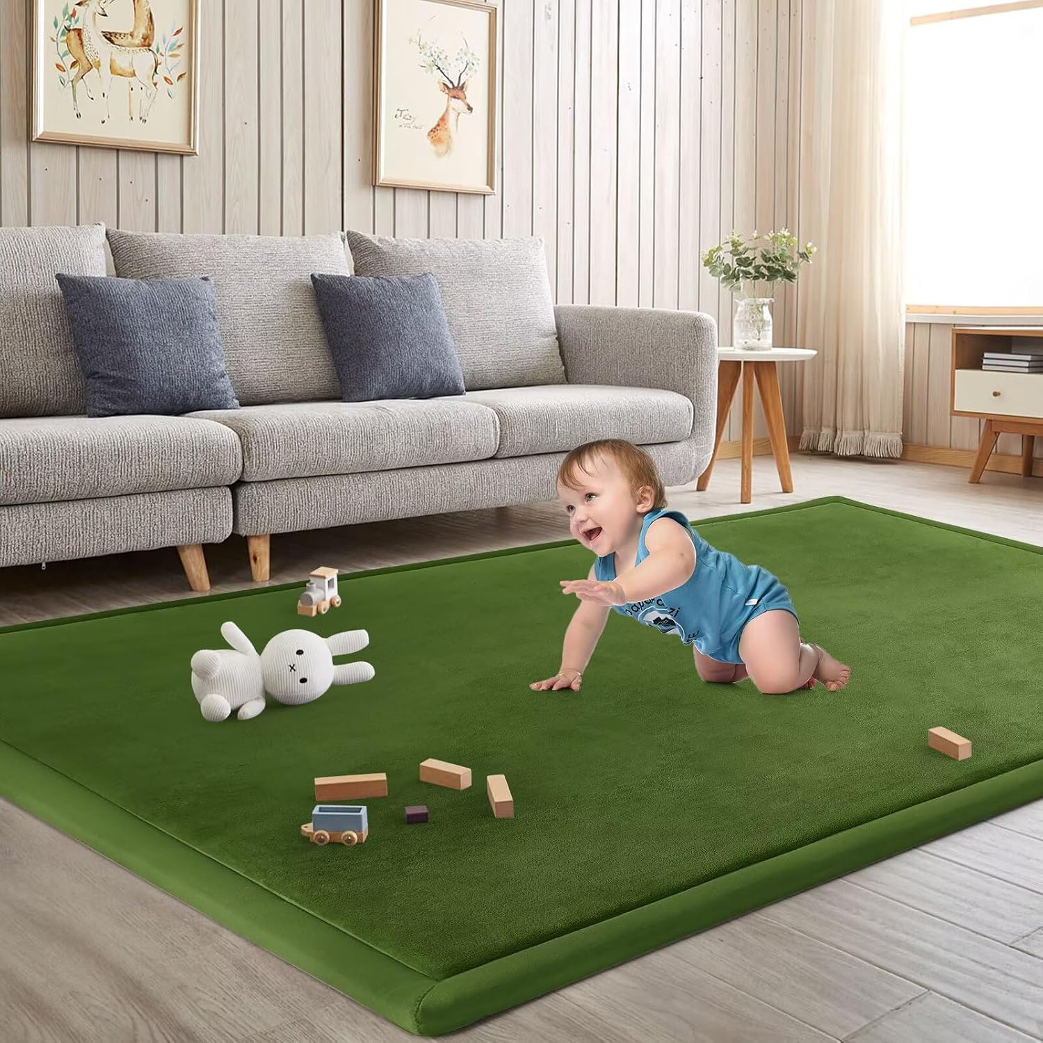 Baby Play Mat for Floor Nursery Muscle Area Rug Playroom Rug 47"x47" Elastic Foam 1.3" Thick Crawling Mat for Babies,Toddlers, Infants,Kids(Moss Green)