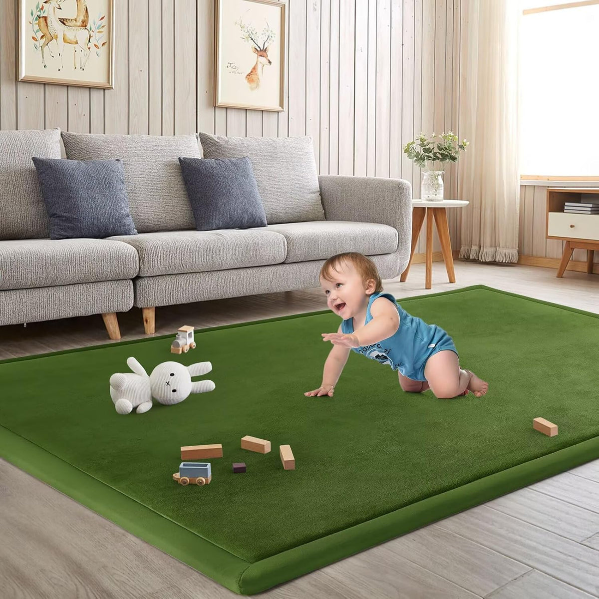 Baby Play Mat for Floor Nursery Muscle Area Rug Playroom Rug 47"x47" Elastic Foam 1.3" Thick Crawling Mat for Babies,Toddlers, Infants,Kids(Moss Green)