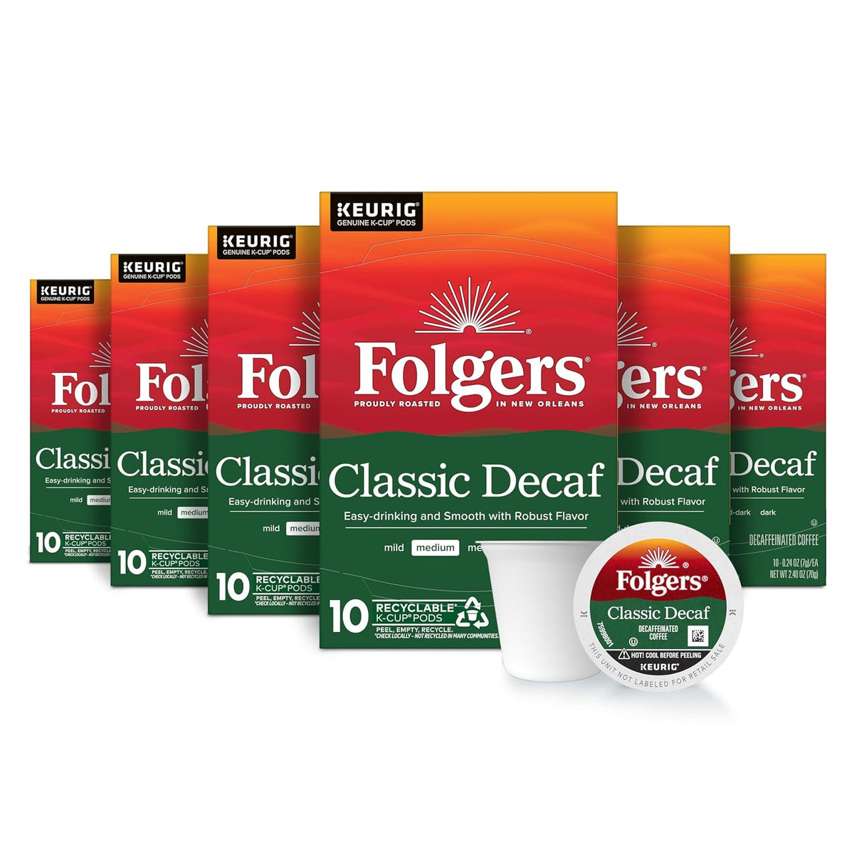 Folgers Classic Decaf Coffee, Medium Roast, Keurig K-Cup Pods, 60 Count