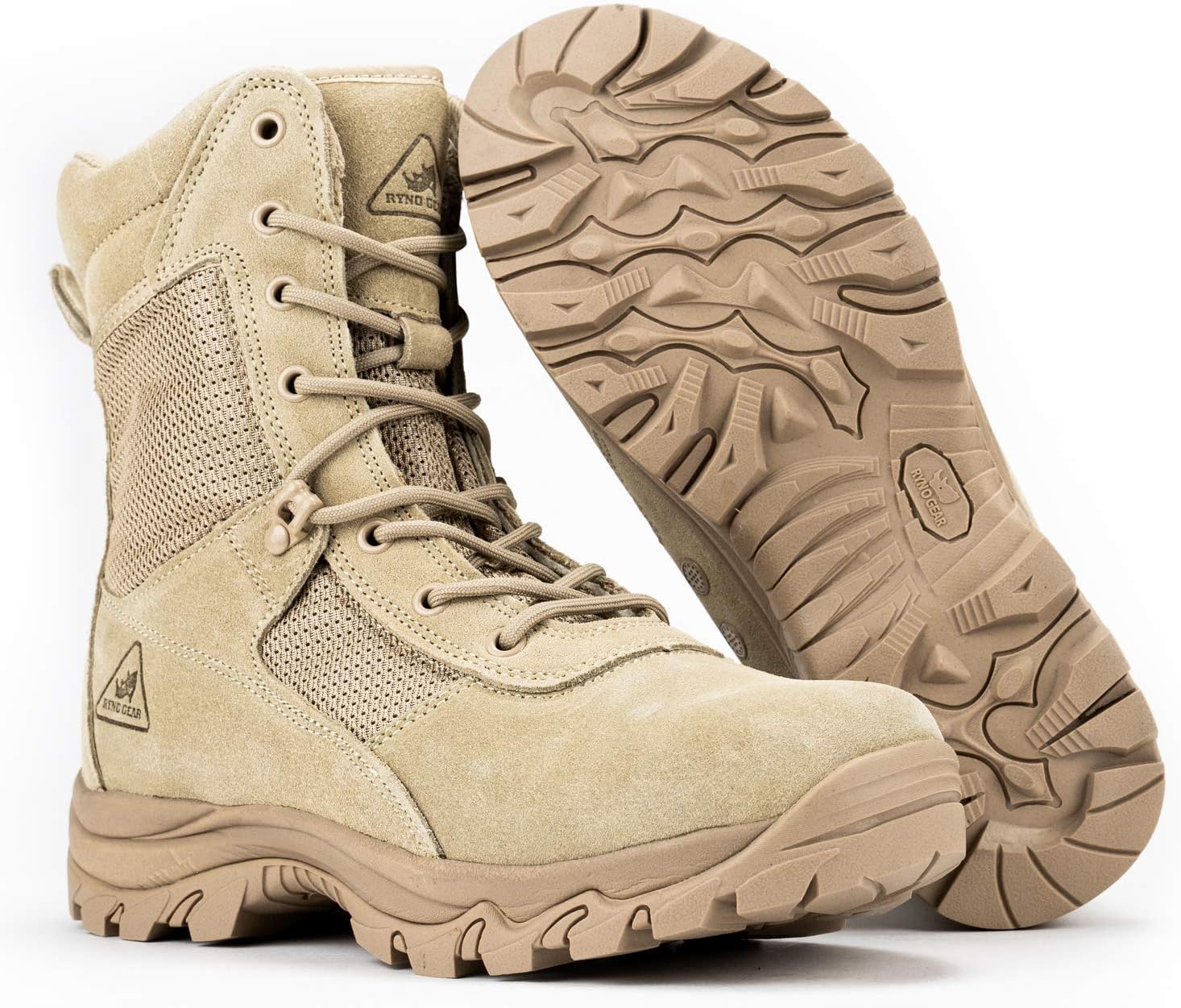 RYNO GEAR Men's Military & Tactical Boots—CoolMax Tactical Combat Military Boots—Utility Outdoor Hiking Assault Leather Work Boots (Tan/Coyote/Black)