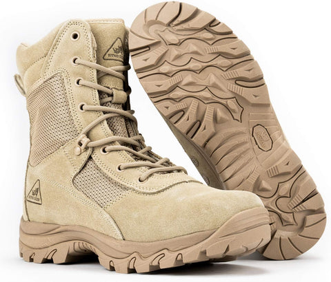 RYNO GEAR Men's Military & Tactical Boots—CoolMax Tactical Combat Military Boots—Utility Outdoor Hiking Assault Leather Work Boots (Tan/Coyote/Black)