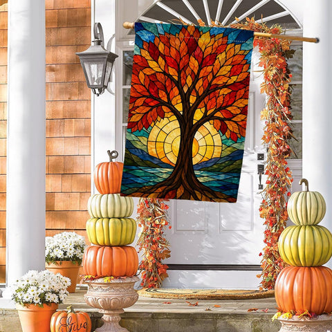 Fall Stained Glass Tree of Life House Flag 28x40 Sunset Leaves Yard Decor