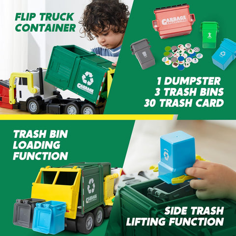 JOYIN Large Friction Powered Garbage Truck Toy Set, Includes 1 Dumpster, 3 Trash Bins, and 30 Learning Cards for Kids, Boy Toys Birthday Gift, Green