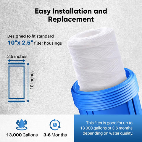 PUREPLUS 50 Micron 10"x2.5" Whole House String Wound Sediment Filter 4 Pack