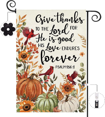 Baccessor Fall Pumpkin Garden Flag Double Sided 12.5x18 Inch, Autumn Thanksgiving Cardinal Give Thanks to The Lord Flag Seasonal Farmhouse Holiday Yard Outdoor Outside Decoration