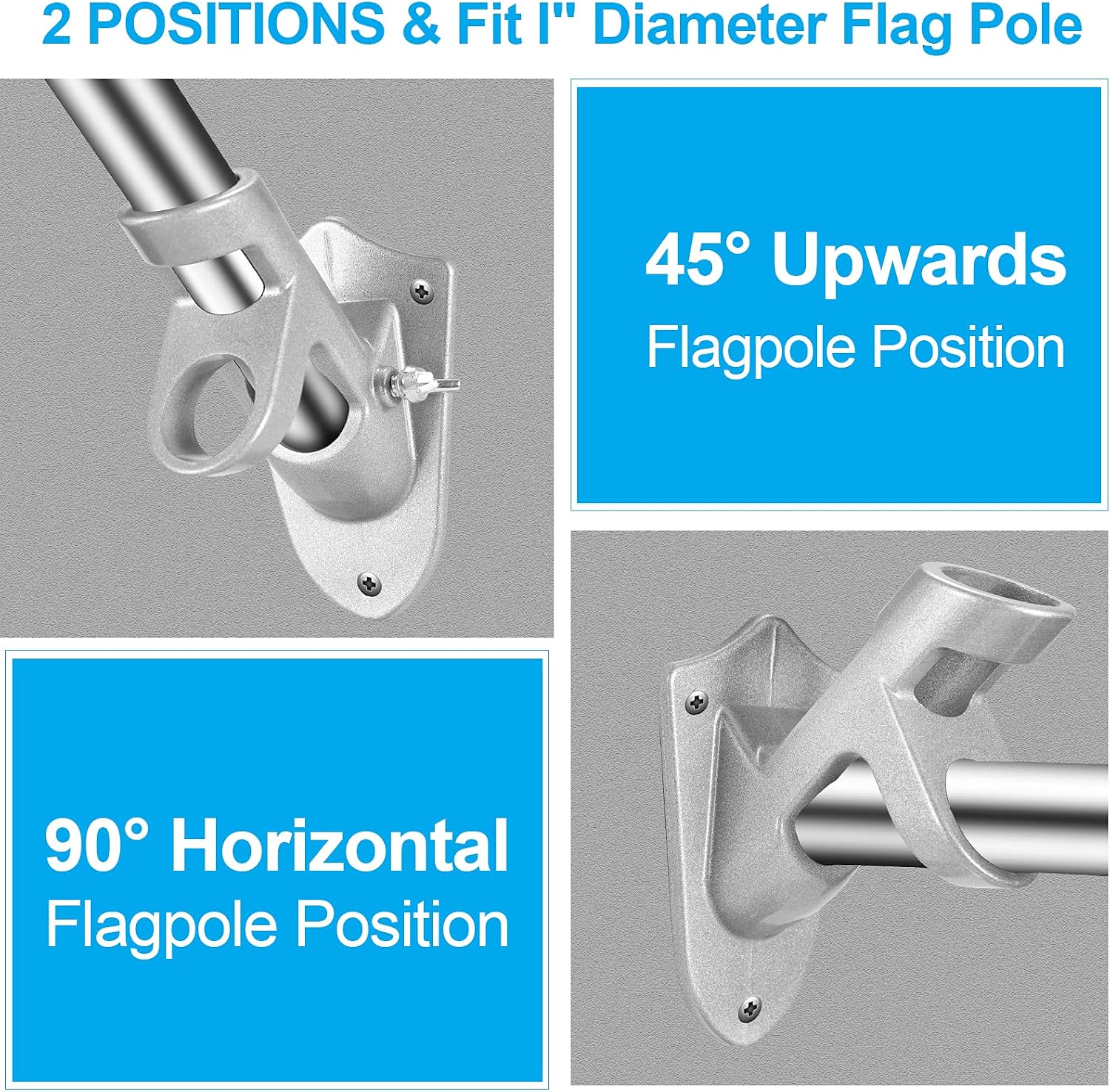 Flag Pole Holder Brackets, BONWIN 1" Flag Pole Mounting Bracket with Hardwares for House Wall Mount, 1" Inner Diameter, Two Positions & Aluminium Alloy, Rust Free Coated (Silver - 2 Pack)