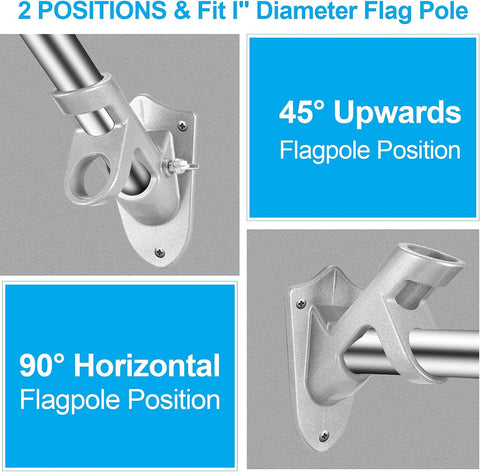 Flag Pole Holder Brackets, BONWIN 1" Flag Pole Mounting Bracket with Hardwares for House Wall Mount, 1" Inner Diameter, Two Positions & Aluminium Alloy, Rust Free Coated (Silver - 2 Pack)