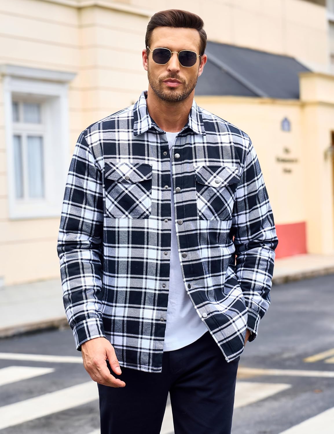 MAGCOMSEN Men's Flannel Shirts Long Sleeve Quilted Lined Button Down Plaid Flannel Jacket Heavyweight Warm Winter Coat