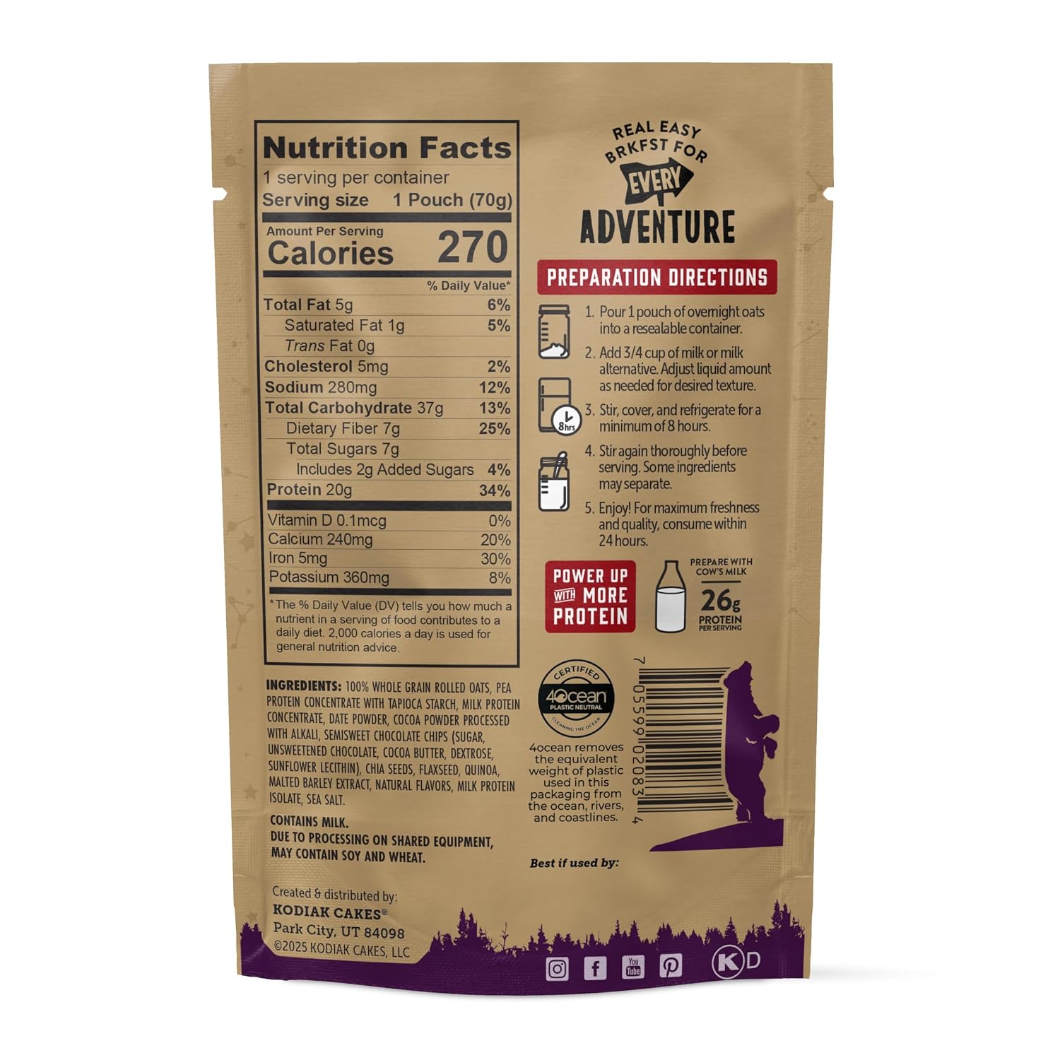 Kodiak Protein Overnight Oats, Dark Chocolate Sea Salt, High Protein, 9pk