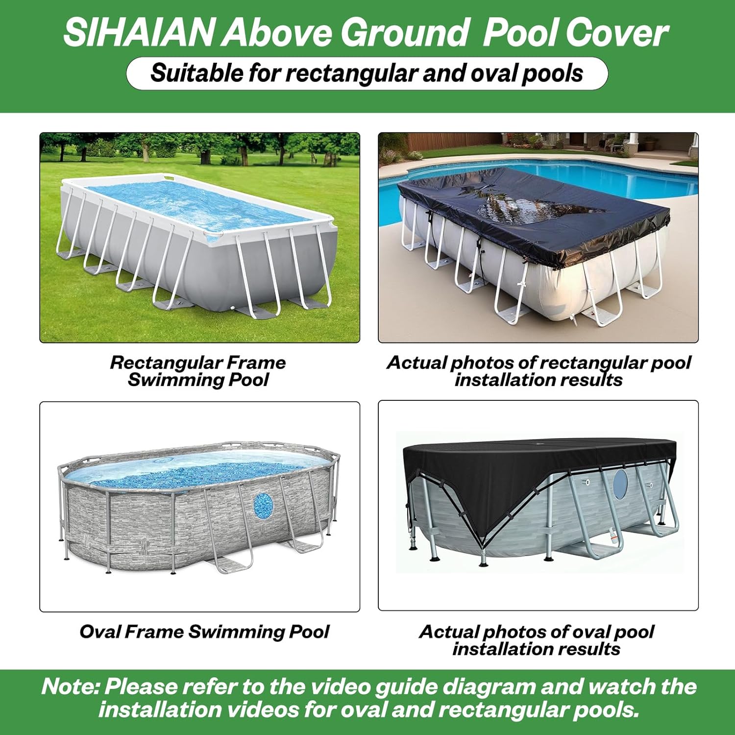 SIHAIAN 16x32Ft Oval Pool Cover Patented Design Four-Corner Locking 500D Rectangular and Oval Pool Cover, Prevent Water Accumulation Pool Cover for Oval Above Ground Pool with 4 Storage Straps