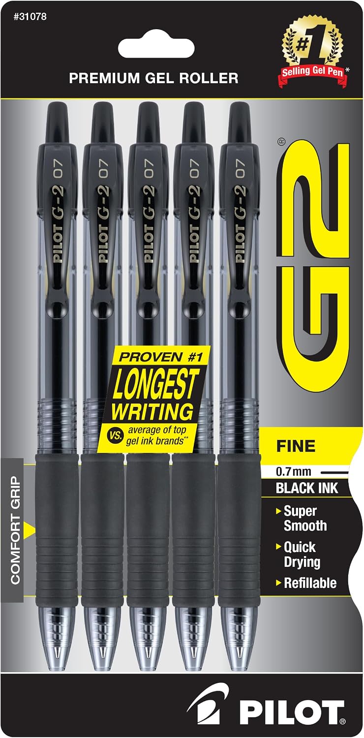 PILOT G2 Pens, 0.7mm, Black Ink, 5-Pack