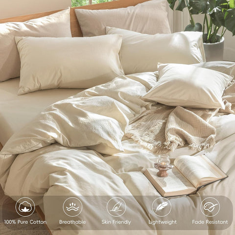 MooMee Duvet Cover Set 100% Washed Cotton Linen Like Twin
