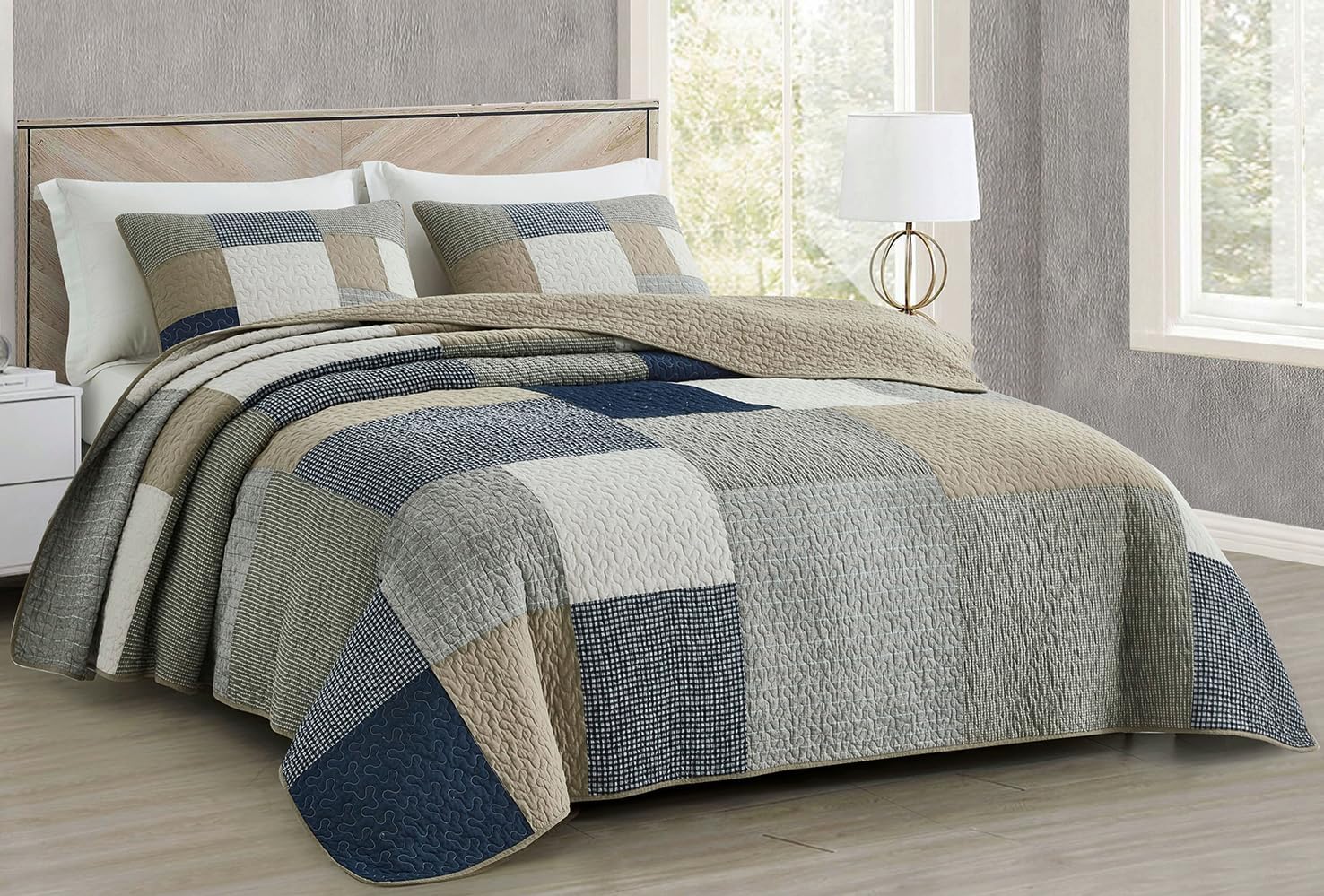 Chezmoi Collection Addy 3-Piece Navy Blue White Gray Taupe Plaid Patchwork Quilt Set - Pre-Washed Cotton Coverlet - Lightweight Reversible Bedspread, King Size