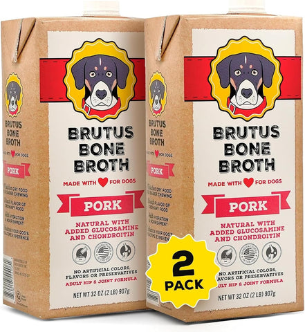 Brutus Bone Broth Liquid for Dogs | All Natural | Made in USA | Glucosamine & Chondroitin for Healthy Joints | Human Grade Ingredients | Hydrating Food Topper, Gravy & Treat (Pork, 2-Pack)