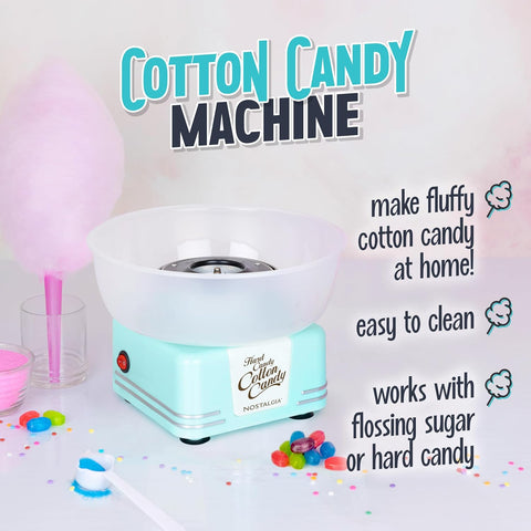 Nostalgia Countertop Cotton Candy Machine – Use Normal or Sugar-Free Candy or Flossing Sugar – Includes 2 Reusable Cones and Measuring Scoop – Aqua