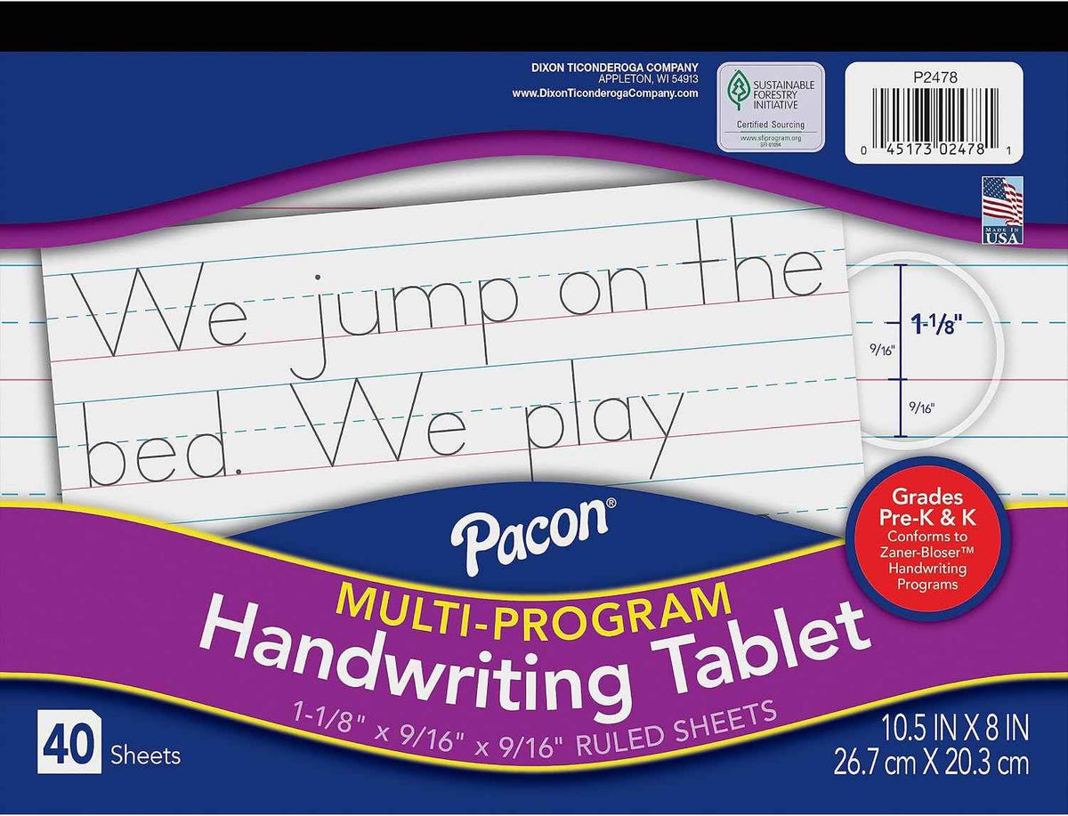 Pacon Handwriting Paper, Zaner-Bloser Grades Pre-K & K, 1-1/8" x 9/16" x 9/16" Ruled 10-1/2" x 8", Ruled Long, 40 Sheets