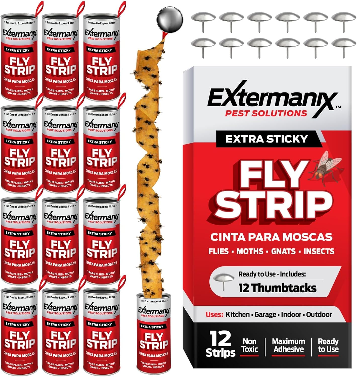 Fly Strips for Gnats, Fruit Flies & House Flies – Extra Sticky Fly Paper – Indoor Sticky Hanging Fly Tape for Home & Kitchen – Non-Toxic Fly Ribbon Rolls with Pins – 12 Pack