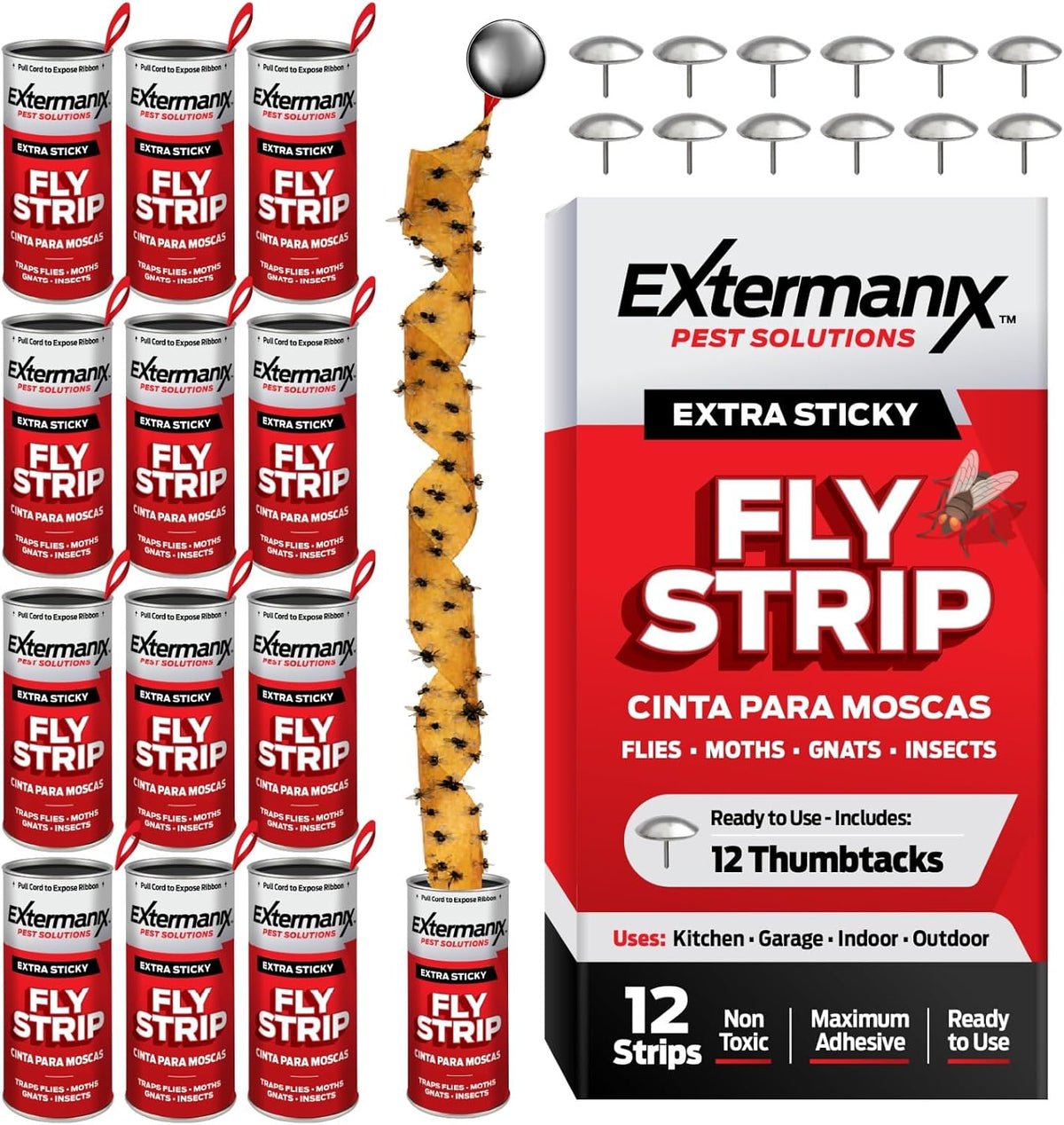 Fly Strips for Gnats, Fruit Flies & House Flies – Extra Sticky Fly Paper – Indoor Sticky Hanging Fly Tape for Home & Kitchen – Non-Toxic Fly Ribbon Rolls with Pins – 12 Pack