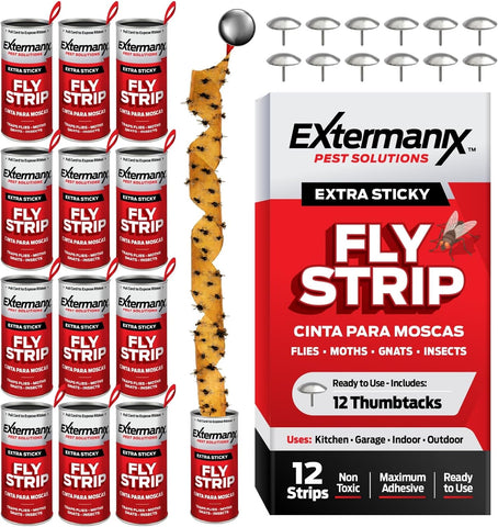Fly Strips for Gnats, Fruit Flies & House Flies – Extra Sticky Fly Paper – Indoor Sticky Hanging Fly Tape for Home & Kitchen – Non-Toxic Fly Ribbon Rolls with Pins – 12 Pack