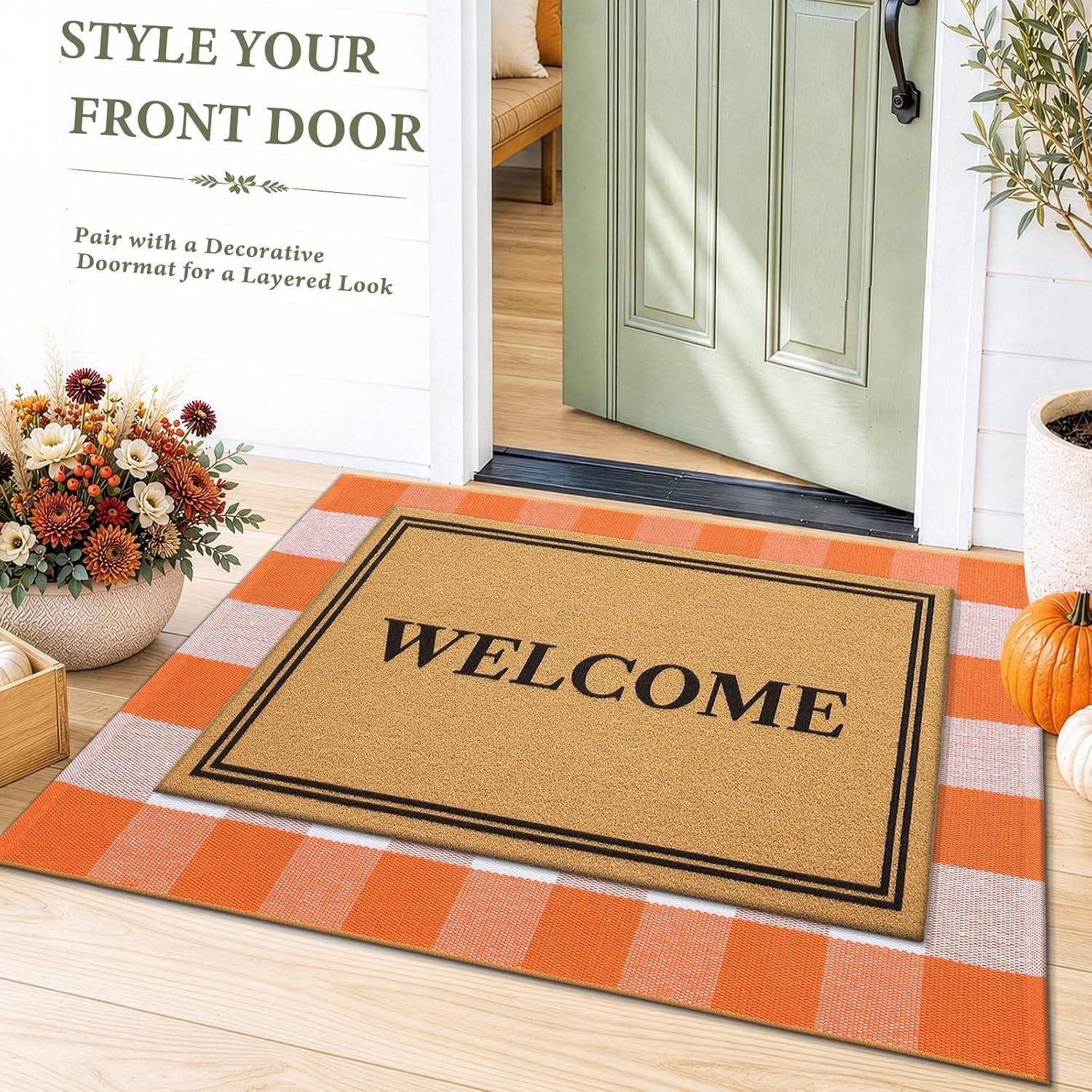 Smiry Orange and White Buffalo Plaid Rug, Front Doormat and Porch Decor