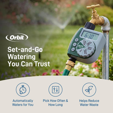 Orbit Programmable Digital Hose Watering Timer - 1 Outlet - Battery Powered - with LCD Screen - Built-in Rain Delay - Water-Resistant - 62061