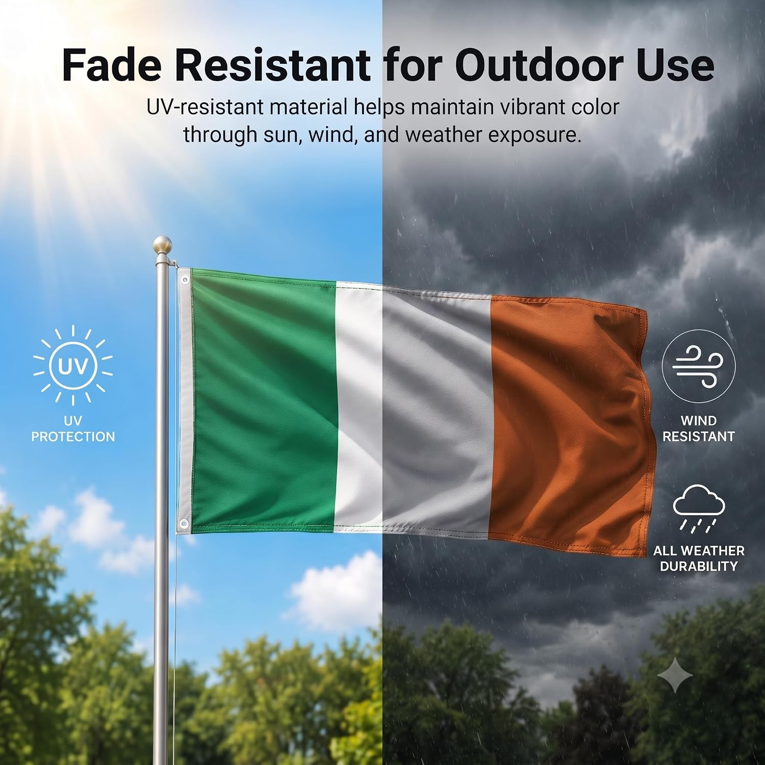 DMSE Ireland National Flag, 2ft x 3ft - Fade-Resistant Outdoor & Indoor Flag - Quad-Stitched Fly End & Heavy-Duty Brass Grommets (2ft x 3ft)