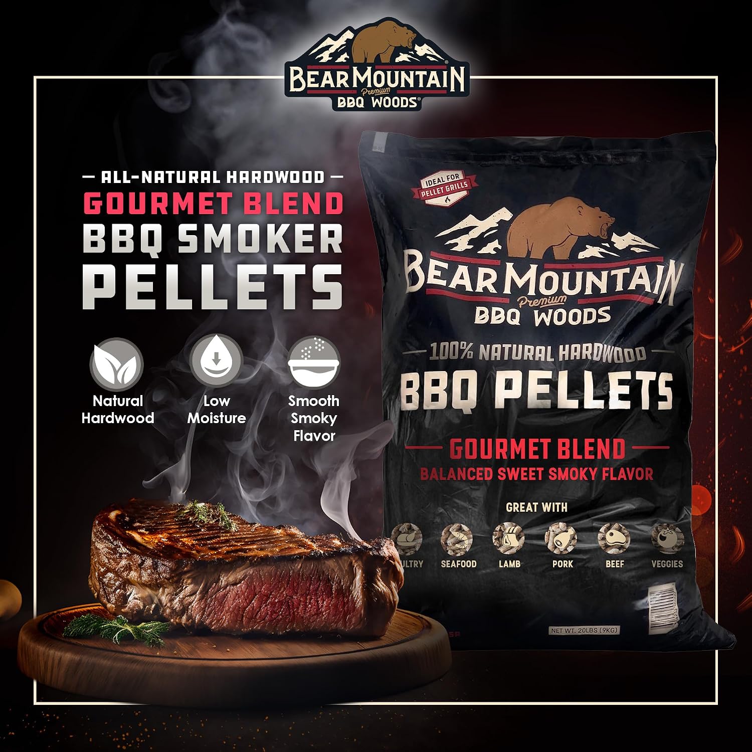 Bear Mountain FK99 Premium All Natural Low Moisture Hardwood Smoky Gourmet Blend BBQ Smoker Pellets for Outdoor Grilling, 20 Pound Bag (3 Pack)
