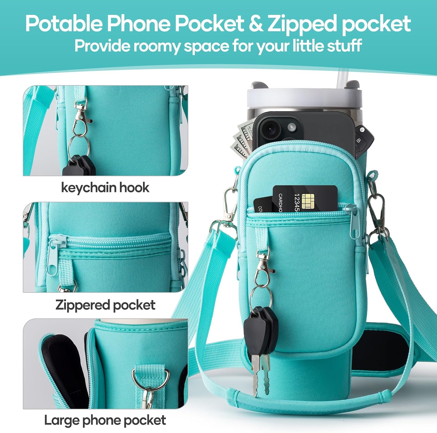 linmaya Water Bottle Carrier Bag for Stanley Cup 40/30oz with Phone Holder Pockets,Neoprene Water Bottle Cross-body Bag with Adjustable Shoulder & Hand Strap Stanley Cup Accessories